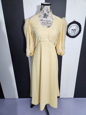 Vtg 1970s Empire Waist Yellow Floral Gown Sheer Lantern Sleeve Chiffon Maxi